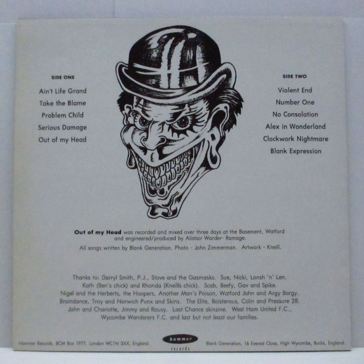 BLANK GENERATION (ブランク・ジェネーレーション)  - Out Of My Head (UK オリジナル LP) 90's UK Oi! 唯一アルバム！