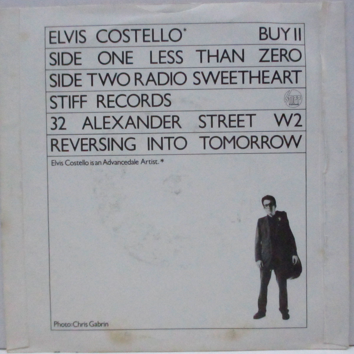 ELVIS COSTELLO  (エルヴィス・コステロ)  - Less Than Zero (UK '81 再発 7"/マットソフト紙折り返ジャケ) 「Stiff Singles Four Pack (GRAB 3)」からのバラ売りバージョン !