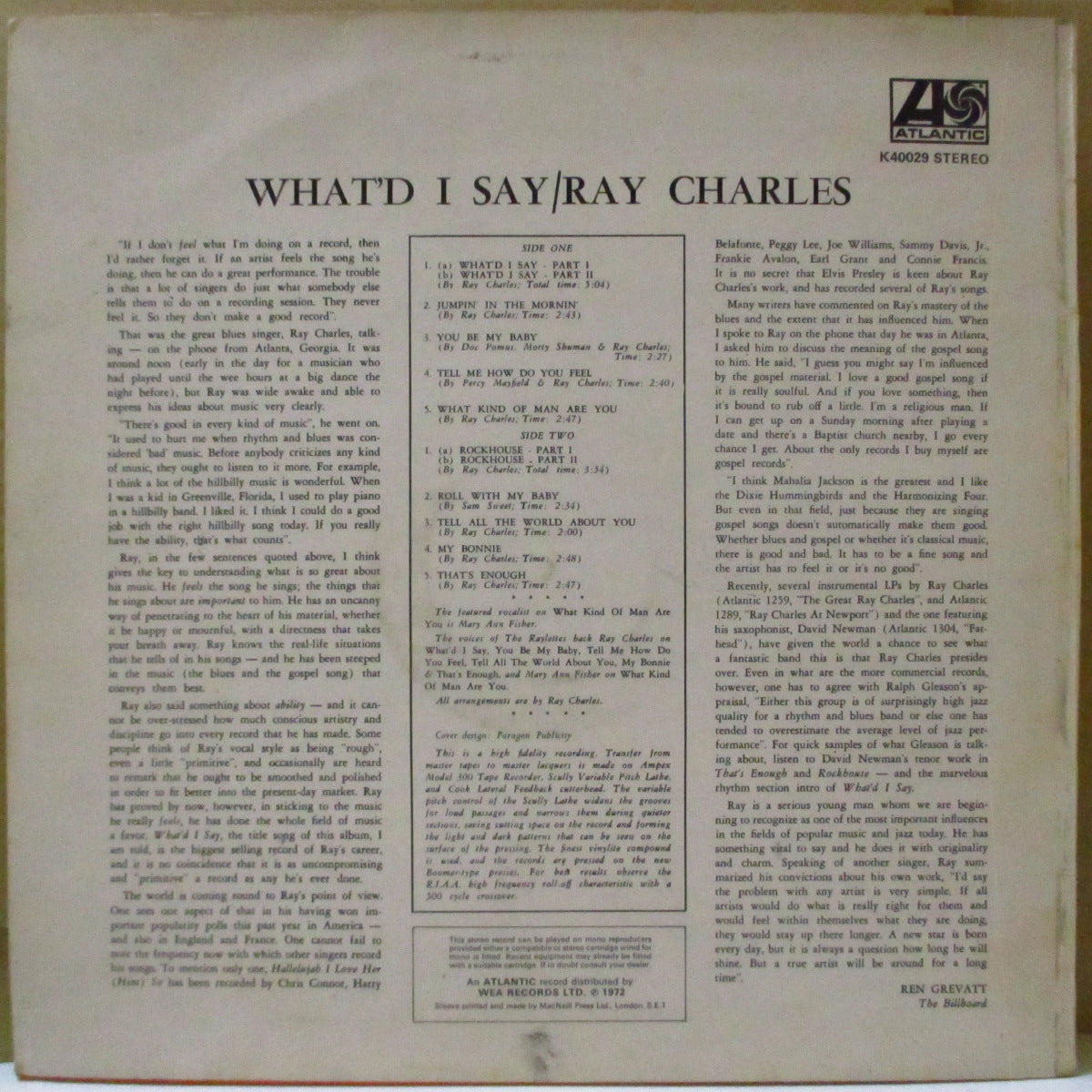 RAY CHARLES (レイ・チャールズ)  - What'd I Say ! (UK '72 再発「（ワーナー・ロゴ無し）青＆オレンジ・ラベ」ステレオLP/表面コーティング・ジャケ)英独自ジャケ！