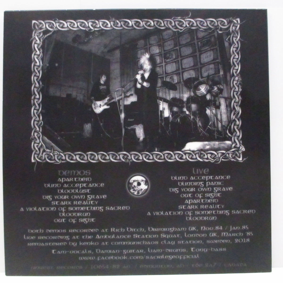SACRILEGE (サクリレッジ)  - Ambulance Station Squat, London, 1985 Plus The First & Second Demos (Canada 200枚限定「スプラッターヴァイナル」LP+インサート）