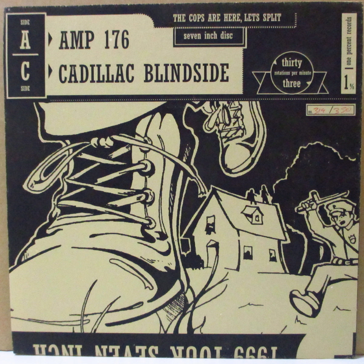 AMP 176 / CADILLAC BLINDSIDE (アンプ・176 / キャディラック・ブラインドサイド)  - The Cops Are Here, Let's Split! (US '99 限定350枚4曲入りスプリット「クリアヴァイナル」 7インチ+ナンバリング入りマット固紙ジャケ, インサート)
