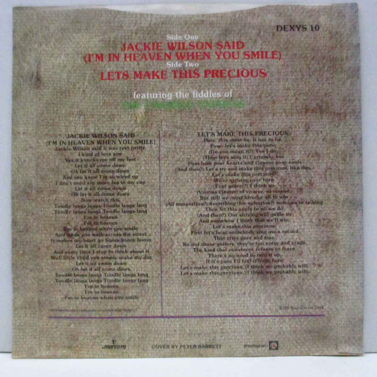 DEXYS MIDNIGHT RUNNERS (デキシーズ・ミッドナイト・ランナーズ)  - Jackie Wilson Said (UK オリジナル「銀ラベ」フラットセンター 7"/光沢ソフト紙折り返ジャケ)