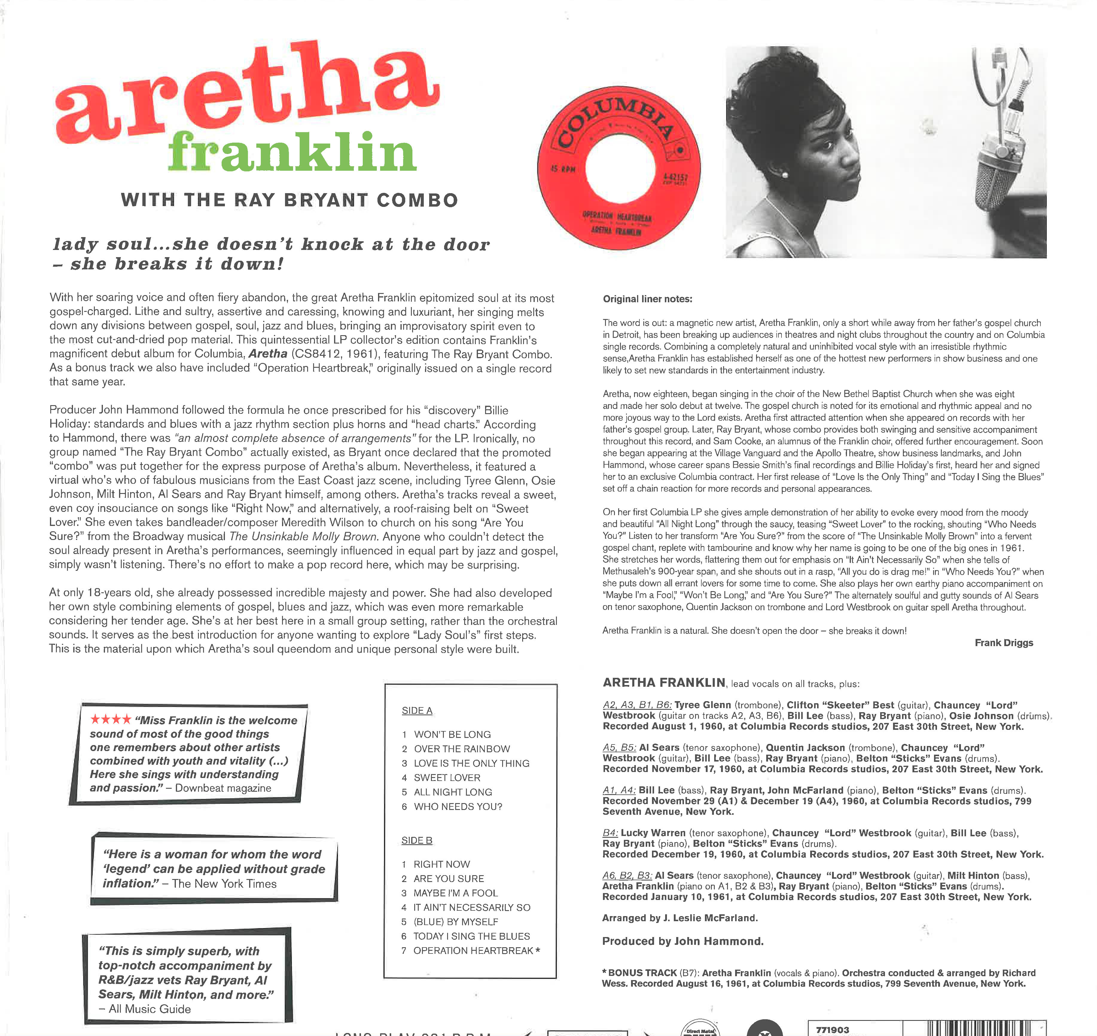 ARETHA FRANKLIN (アレサ・フランクリン)  - Aretha (EU 限定復刻ボーナス入り再発180g ステレオ LP/New)ソウル界ゴッド姉様 '61年19歳時のデビュー・アルバム