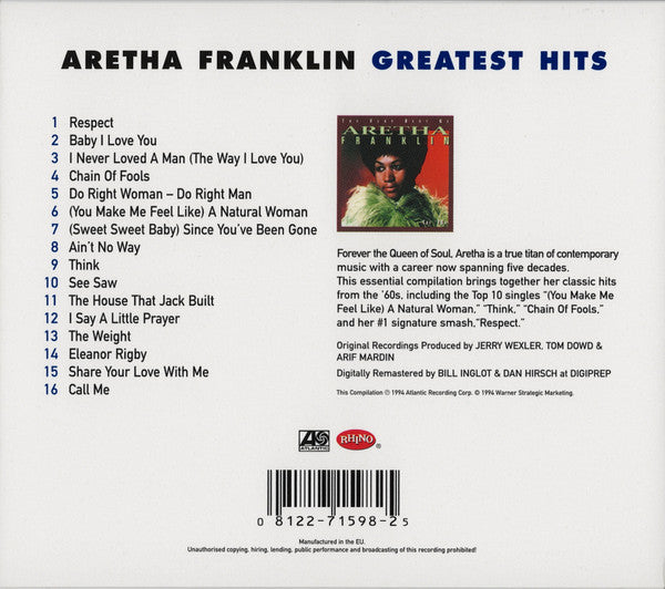 ARETHA FRANKLIN (アレサ・フランクリン)  - Greatest Hits (EU 限定CD-アウタースリップケース付き/New) ベスト全16曲