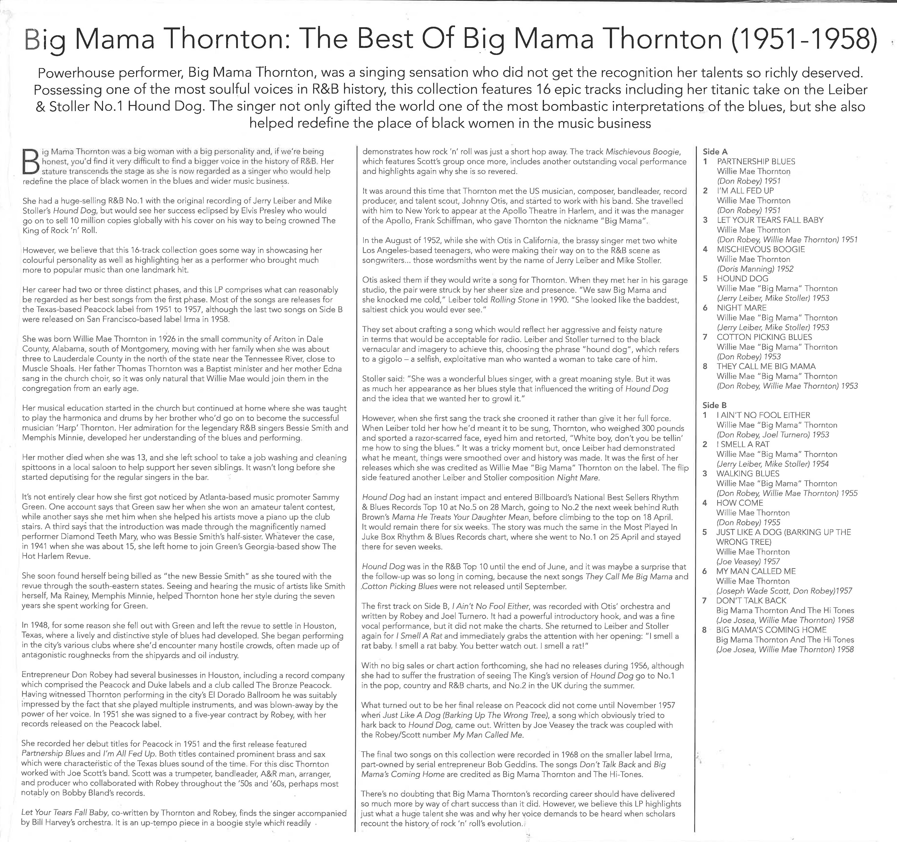 BIG MAMA THORNTON (ビッグ・ママ・ソーントン)  - The Best Of Big Mama Thornton 1951-58 (UK 限定リリース LP/New) ベスト全16曲！