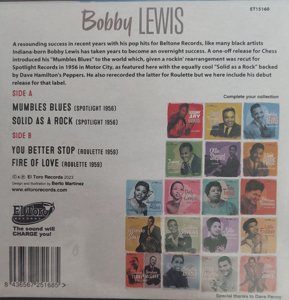 BOBBY LEWIS (ボビー・ルイス)  - You Better Stop ! EP/ Mumbles Blues  +3 (Spain 限定ジャケ付き再発4曲入り 7"EP/New) R&Bジャイヴァー & R&Bノーザン