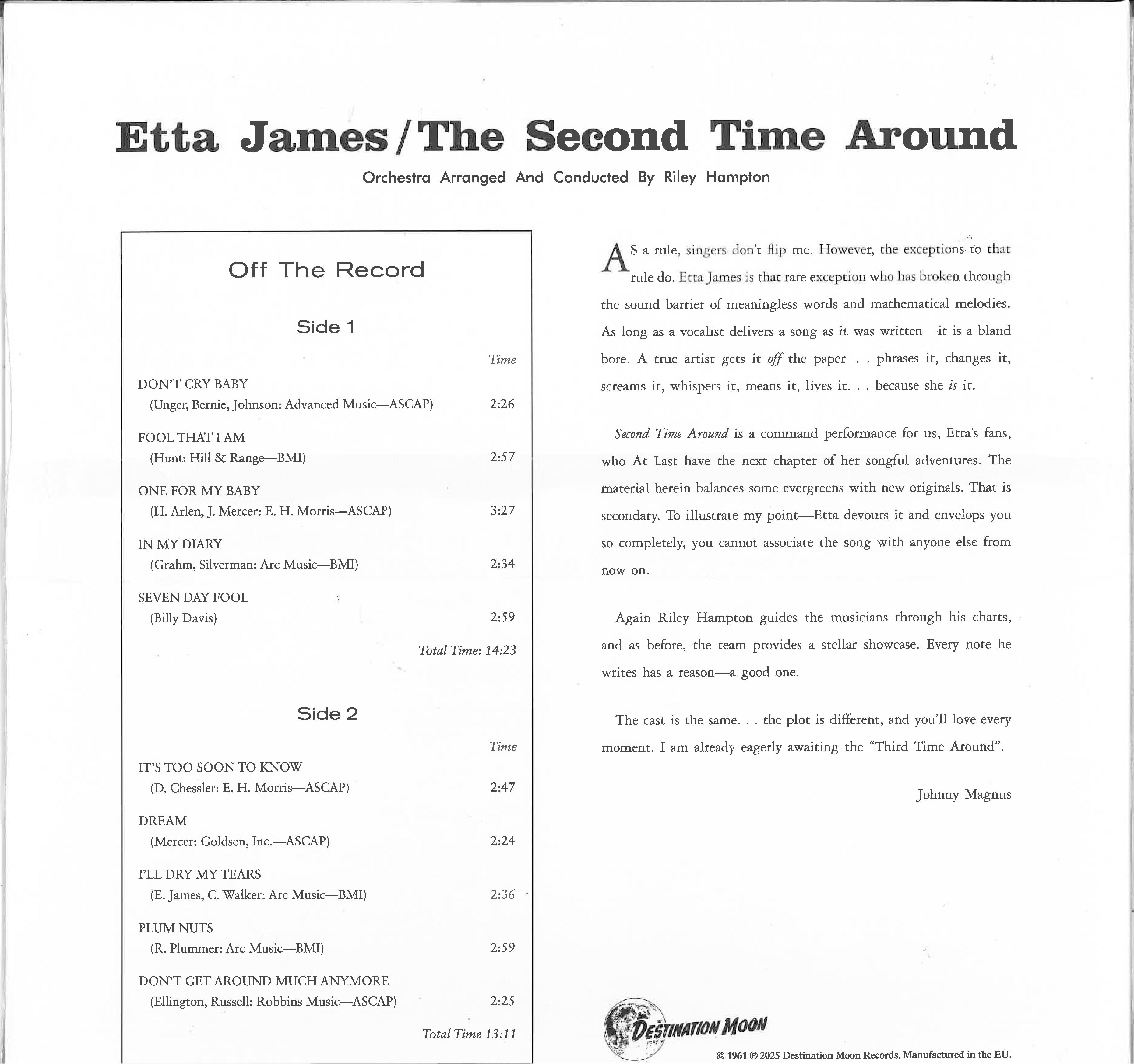 ETTA JAMES (エタ・ジェイムズ)  - The Second Time Around (EU 500枚限定ナンバリング入り「クリアVINYL」再発 LP/New) '61年名作セカンド・アルバム！