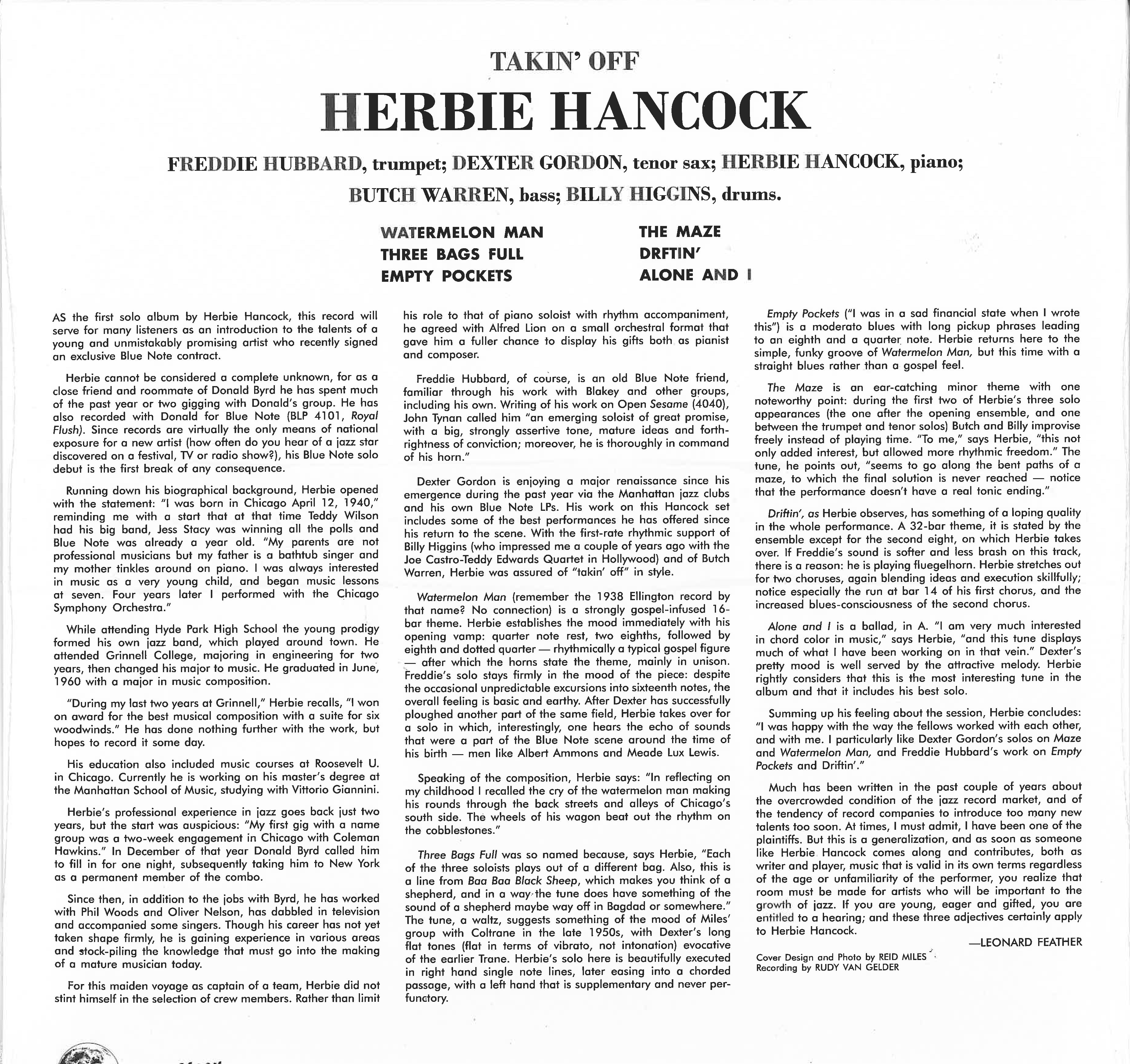 HERBIE HANCOCK (ハービー・ハンコック)  - Takin' Off (EU 500枚限定ナンバリング入り「クリアVINYL」再発 LP/New) '62年MOD=JAZZ 大名作デビュー・アルバム！