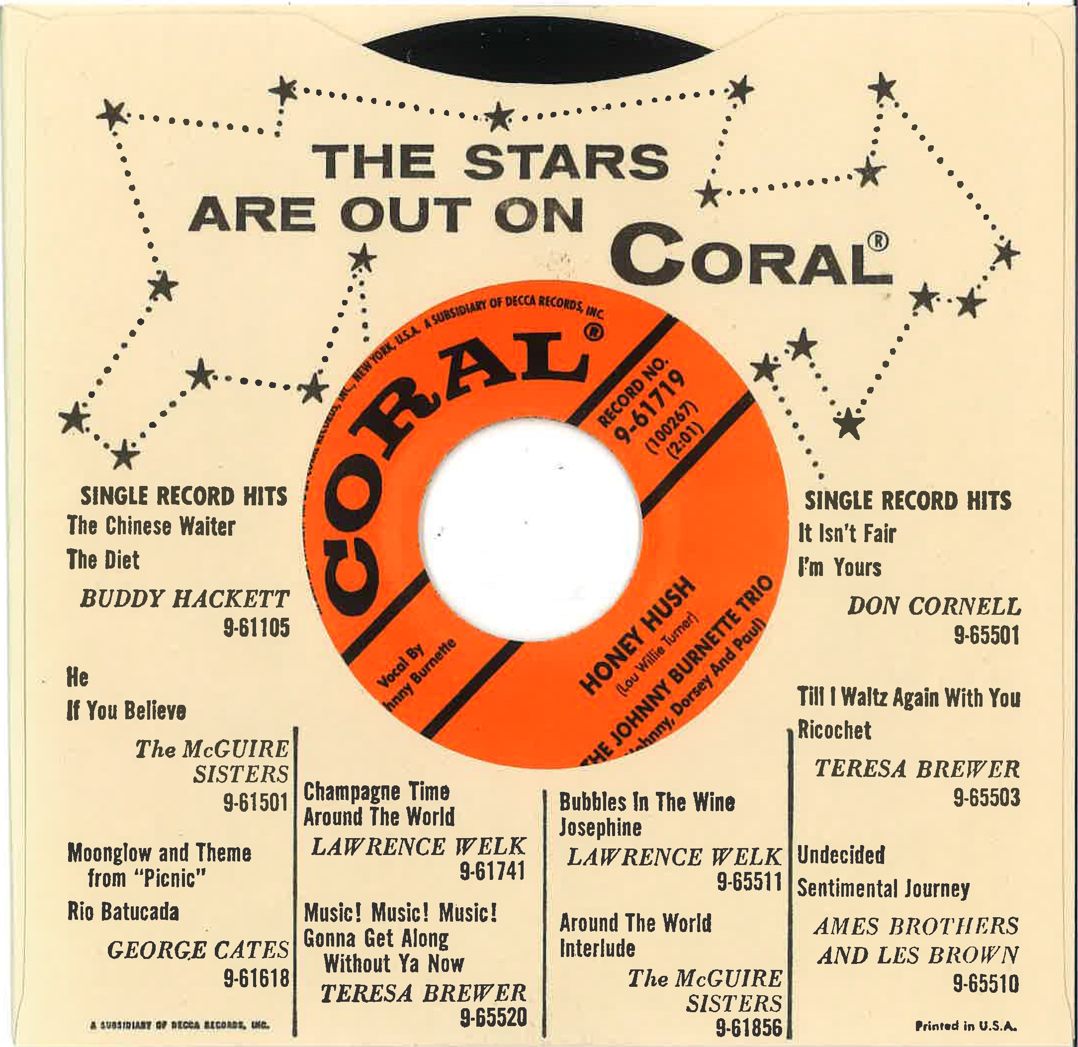 JOHNNY BURNETTE TRIO (ジョニー・バーネット)  - The Train Kept A-Rollin' / Honey Hush (US 限定復刻リプロ再発「オレンジラベ・黒盤」 7"-カンパニースリーブ/New) 名曲ロッカビート・カヴァ！
