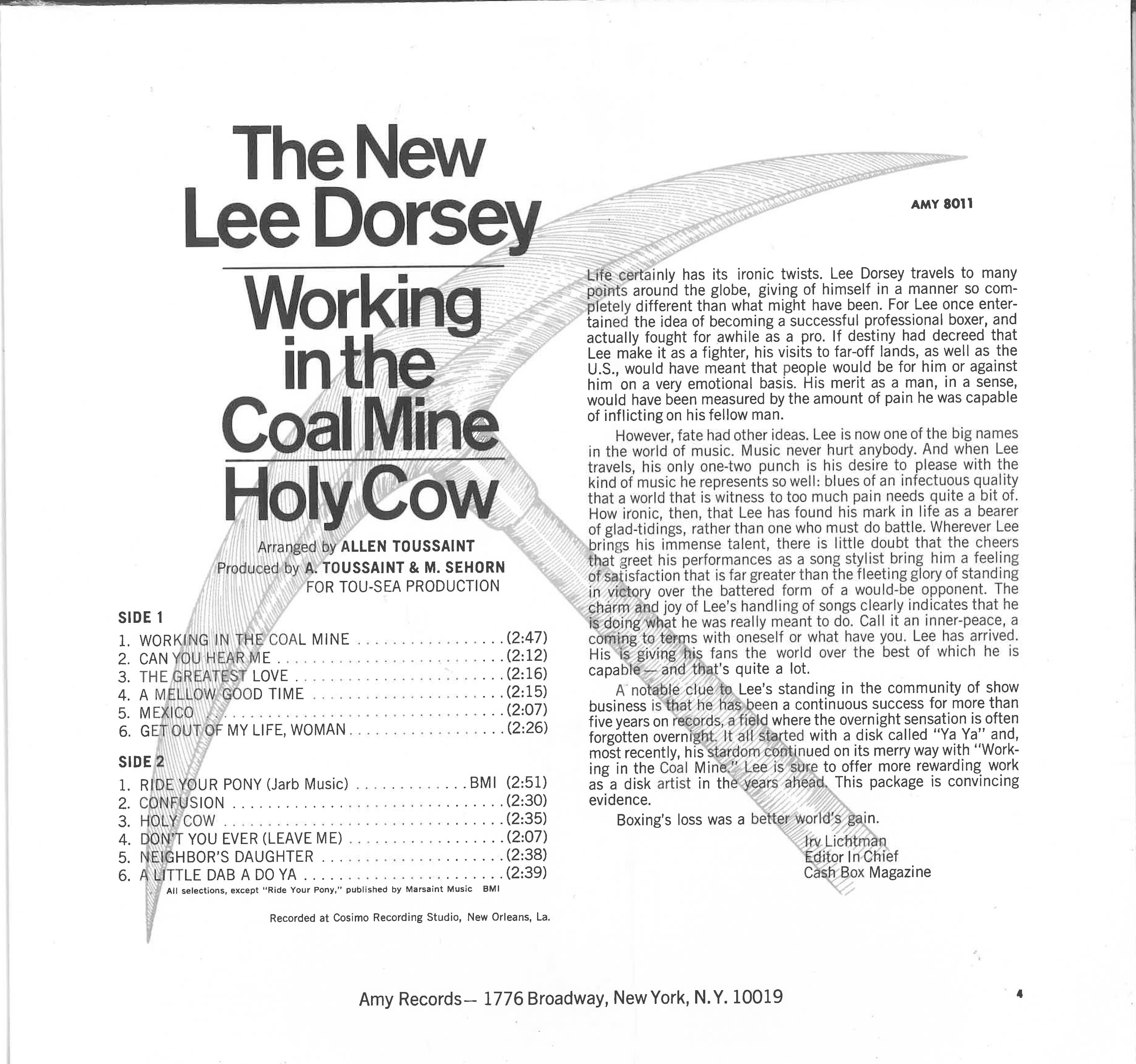 LEE DORSEY (THE NEW LEE DORSEY) (リー・ドーシー  )  - Working In The Coalmine - Holy Cow (US 限定復刻再発 LP/New) '66年サード・アルバム！