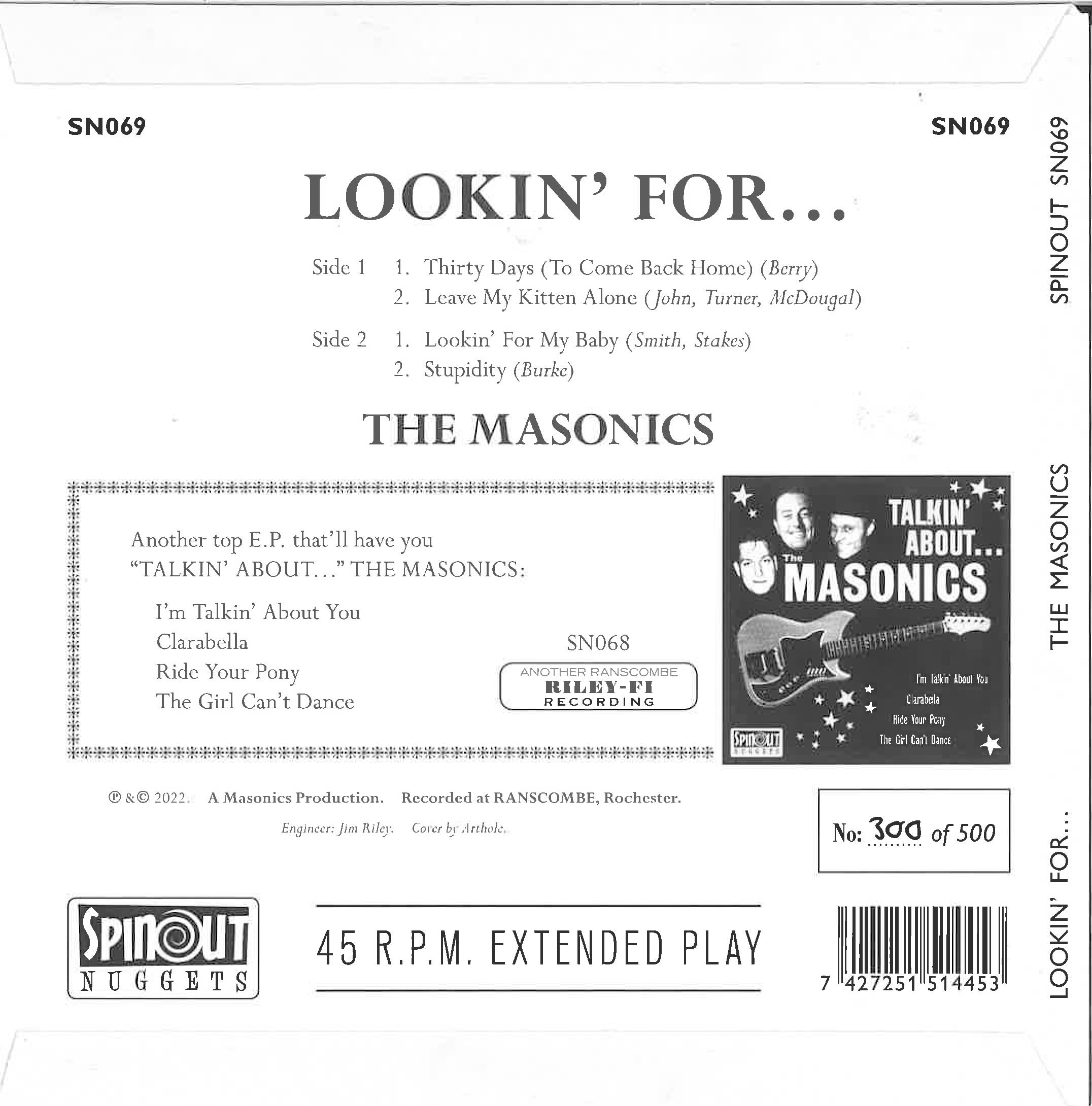 MASONICS, THE  (マーソニックス= 元ミルクシェイクス他、英ガレージレジェンド )  - Lookin' For... The Masonics Volume 2 (UK 500枚限定ナンバリング入り4曲入り7インチEP/New)