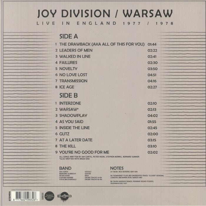 JOY DIVISION / WARSAW (ジョイ・ディヴィジョン / ワルシャワ)  - Live In England 1977 / 1978 (UK 限定リリース「ブラック&グレースプラッターヴァイナル」 LP/NEW) レア音源コンピレーション
