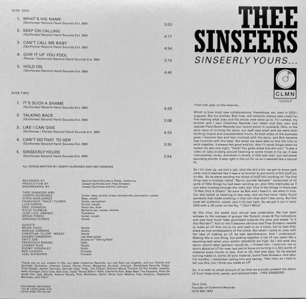 SINSEERS, THEE  (ジー・シンシアーズ)  - Sinseerly Yours (US 限定プレス「イエロー VINYL」LP-見開きジャケ/New) チカーノソウル界騒然'24年デビューアルバム！