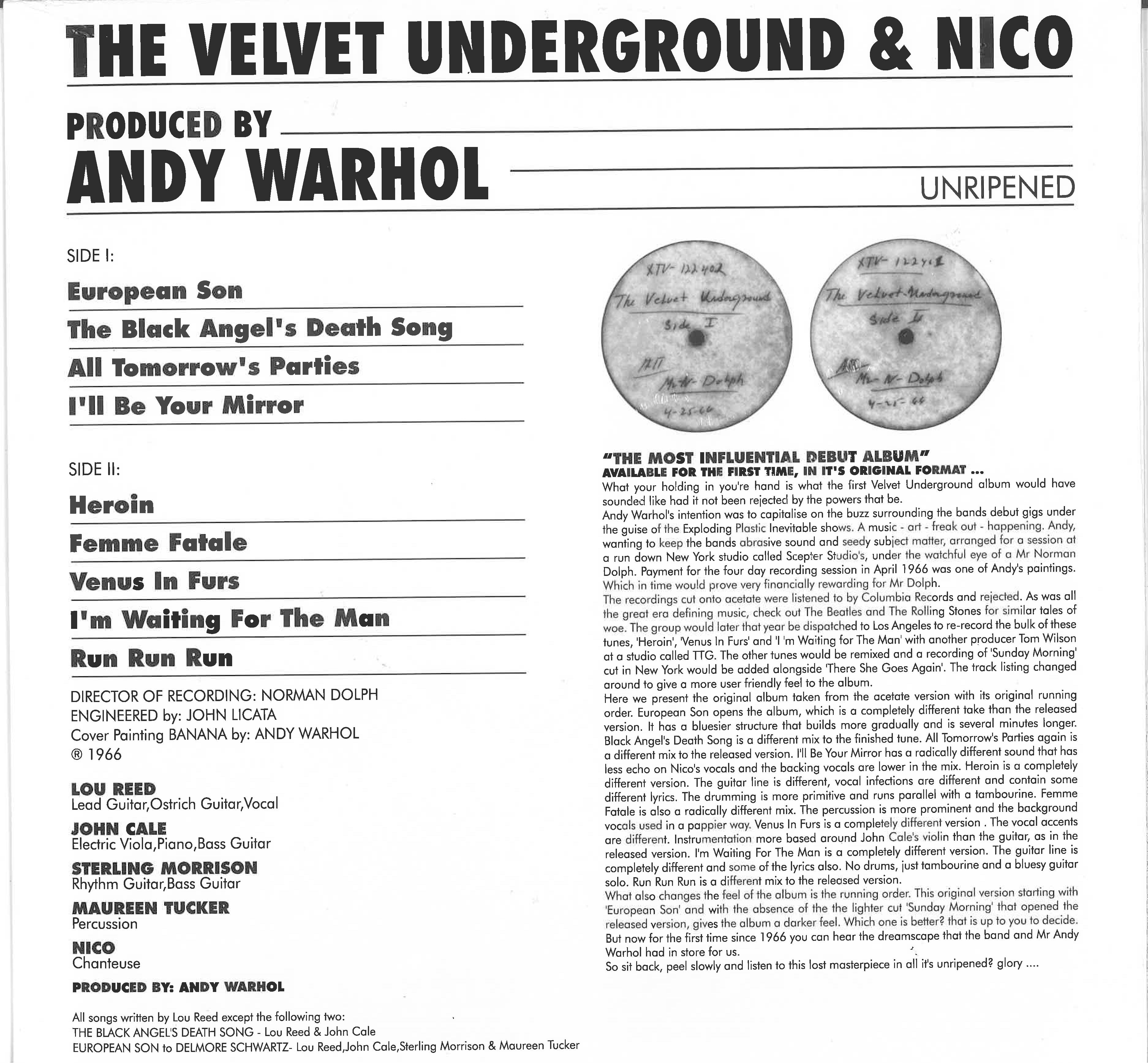 VELVET UNDERGROUND (ヴェルベット・アンダーグラウンド)  - The Velvet Underground & Nico Unripened (EU限定再発モノラル/New)'66年デビューアルバムのお蔵入り幻のセッション
