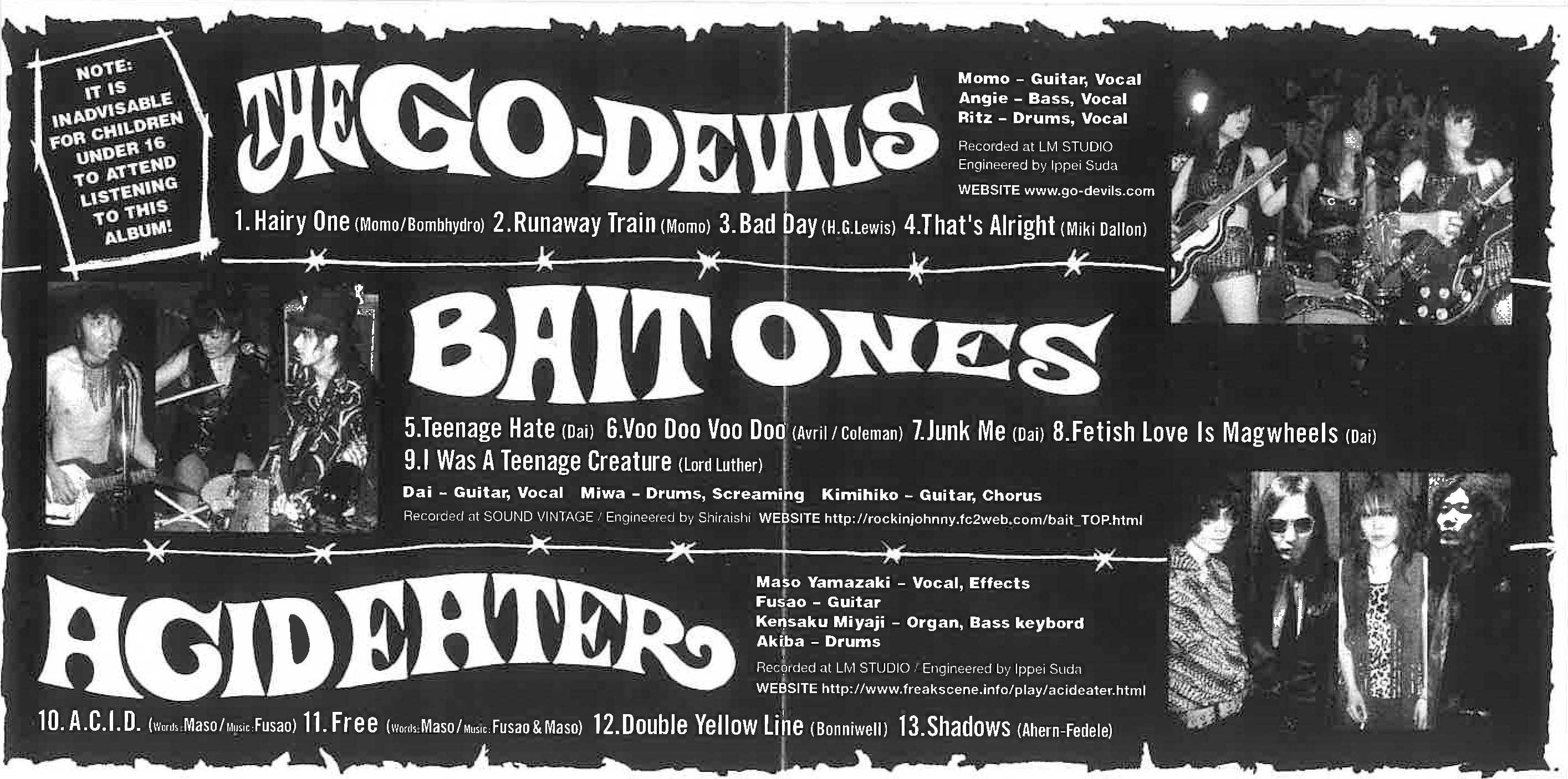 V.A.(ACID EATER/ BAITONES/ GO-DEVILS 関西ガレージコンピ) - Demonic Freak Scene (Japan  タイムボム限定 CD/New) 秘境関西ガレージ3バンド・コンピ。ジャケはロッキンジェリービーン