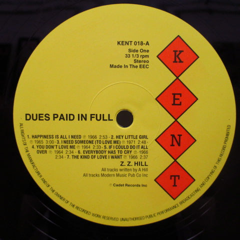 Z.Z. HILL (Z.Z.ヒル)  - Dues Paid In Full (UK '84 Reissue Stereo LP/Kent-018)