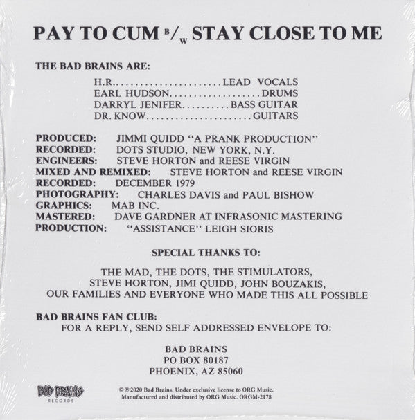 BAD BRAINS (バッド・ブレインズ) -Pay To Cum! (US 正規限定再発 7" / New) '80年ファーストシングル！