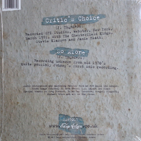 JOHNNY THUNDERS (ジョニー・サンダース ) - Critic's Choice (UK 500枚限定「ブルーヴァイナル」10" / New)