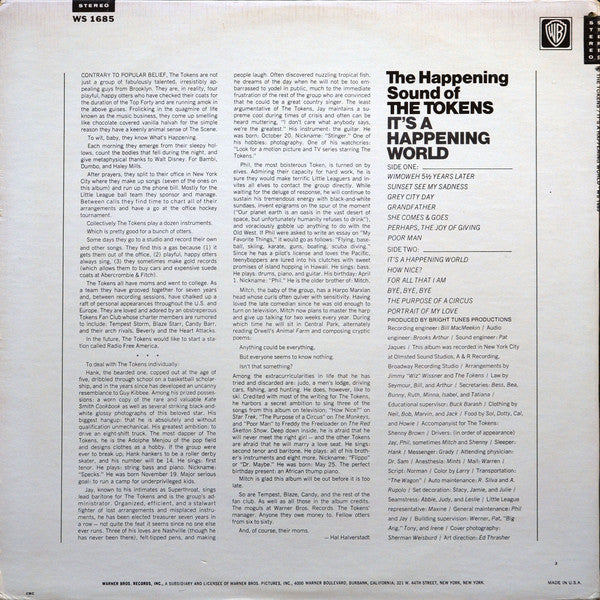TOKENS (トーケンズ)  -It's A Happening World (US '67 オリジナル・ステレオ LP/廃盤デッドストックNew) 白人ドゥワップ大御所'67年7作目アルバム。サンシャインポップ（ソフトロック）、ノーザンPOP名曲満載！